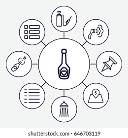 Drop icons set. set of 9 drop outline icons such as shower, harden hose, champagne bottle with heart, menu, champagne, lot price