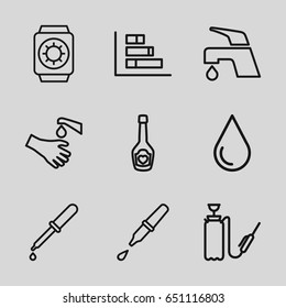 Drop icons set. set of 9 drop outline icons such as water drop, tap, harden hose, pipette, hands washing, champagne bottle with heart, wrist watch with sun