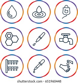 Drop icons set. set of 9 drop outline icons such as pipette, honey, tap, irrigation system