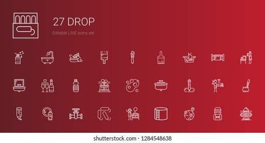 drop icons set. Collection of drop with geolocalization, industry tank, sink, tampon, pipe, washing, water, pipette, soap, fountain, oils, champagne. Editable and scalable drop icons.