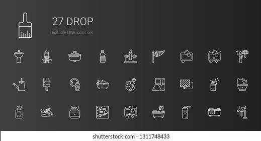 drop icons set. Collection of drop with paint spray, bathtub, soap, menu, chinese ink, mortar, drag, fuel, geolocalization, washing, paint brush. Editable and scalable drop icons.