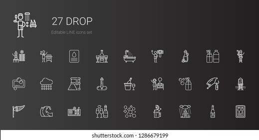 drop icons set. Collection of drop with rain, lime, soap, champagne, sink, wave, wind sign, pipette, fuel, olive oil, shower, bathtub, menu. Editable and scalable drop icons.