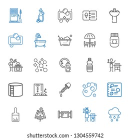 drop icons set. Collection of drop with raining, gas, pipe, sink, paint brush, menu, soap, eyedropper, wet floor, industry tank, oils, washing. Editable and scalable drop icons.