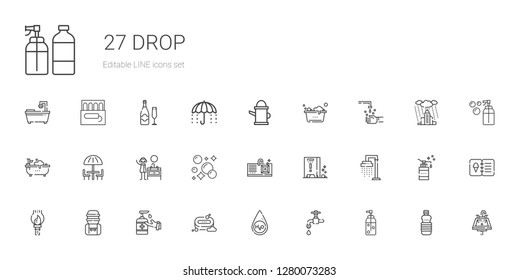 drop icons set. Collection of drop with soap, faucet, water, antiseptic, water tank, paint brush, shower, wet floor, sink, umbrella, bathtub. Editable and scalable drop icons.