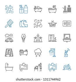 drop icons set. Collection of drop with soap, water, bathtub, spray, shower, raining, menu, sink, wet floor, faucet, paint brush, rain, hand wash. Editable and scalable drop icons.