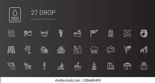drop icons set. Collection of drop with wet floor, champagne, watering, paint brush, gas, soap, rain, spray, jacuzzi, shower, menu, water tank. Editable and scalable drop icons.