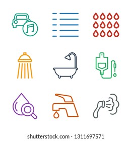 drop icons. Trendy 9 drop icons. Contain icons such as shower, tap, drop under magnifier, counter, menu, car music. icon for web and mobile.