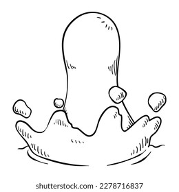 Drop impact and splash of fluid in hand drawn style over white background.