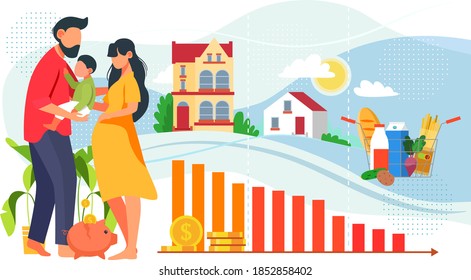 Drop in income for families with children concept. Man holds baby in his arms, next to a pregnant woman. Graph shows a drop in income and a deterioration in living standards. Vector illustration