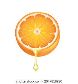 Drop of juice dripping from orange half on white background realistic vector illustration