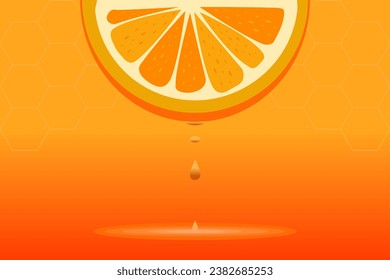 Drop of juice dripping from orange half on orange background with honeycomb pattern. Vector illustration.