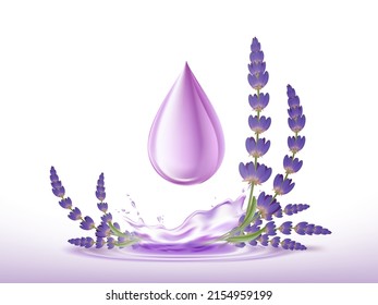 Gota de aceite esencial lavanda con flores.Ilustración vectorial