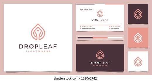 Drop leaf logo design and business card. luxury logo oil with leaf liner concept