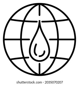 A drop of liquid against the background of the globe. Environmental problems. Climate change. Icon, vector, outline, isolated, 48x48 pixel.