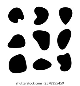 Drop of liquid, fluid, Ink stain. random blotch, inkblot, pebble stone shapes, stone silhouette. simple rounded. smooth gel. freeform cow or dalmatian stains