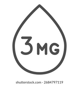 Gota de icono de línea líquida, concepto de vapeo. Gráficos de Vector. Tres miligramos de signo de nicotina sobre fondo blanco, icono de estilo de contorno para el móvil o el Diseño web