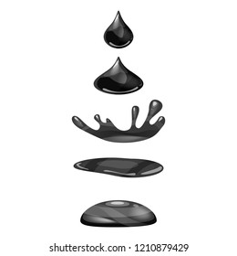 Drop of liquid, water falls and makes a splash, black colour. Phases, frames, for animation, cartoon style, vector, isolated