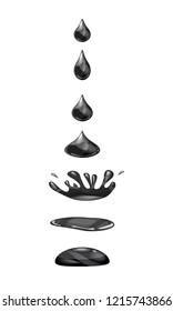 Drop of liquid, water falls and makes a splash, black colour. Phases, frames, for animation, cartoon style, vector, isolated