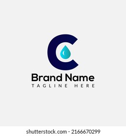Drop Logo On Letter C Template. Drop On C Letter, Initial Water Drop Sign Concept 