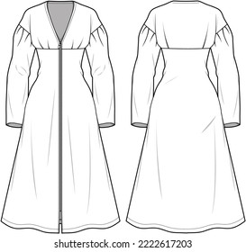 Drop Long Sleeve  Empire Line Dress with Front Open Zip, Empire Line V-neck Coat Dress Front and Back View. Fashion Illustration, Vector, CAD, Technical Drawing, Flat Drawing, Template, Mockup