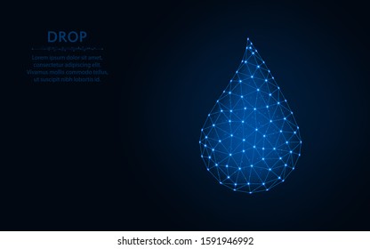 Drop low poly design, Water wireframe mesh polygonal vector illustration made from points and lines on dark blue background