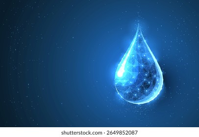 Drop. Low poly wireframe water drop on dark blue with dots and stars. Aqua, fresh, pure, liquid, nature or eco concept illustration or background