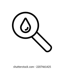 Drop with magnifying glass line icon. Liquid, magnifier, drinking, evaporation, man, thirst, drinking water. Save the water. Beverage concept. White background. Vector line icon