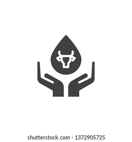 Drop of milk in hand vector icon. filled flat sign for mobile concept and web design. Cow milk drop and hands glyph icon. Dairy product symbol, logo illustration. Pixel perfect vector graphics