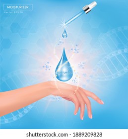 Colocar el suero Moisturizer en la mano de la mujer, publicidad cosmética. Diseño de anuncios promocionales.