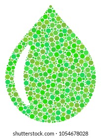 Drop mosaic of filled circles in various sizes and fresh green color tinges. Vector round dots are composed into drop mosaic. Ecological design concept.