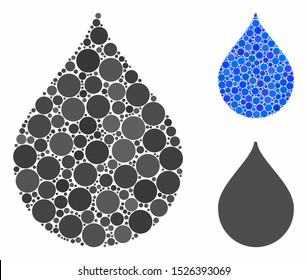 Drop mosaic for drop icon of spheric dots in various sizes and color hues. Vector round dots are united into blue mosaic. Dotted drop icon in usual and blue versions.