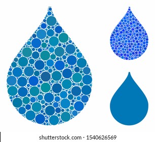 Drop mosaic of round dots in various sizes and shades, based on drop icon. Vector round dots are grouped into blue collage. Dotted drop icon in usual and blue versions.