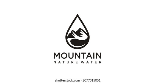 drop mountain nature logo icon with combination water, mountain and leaves. Premium Logo Vector
