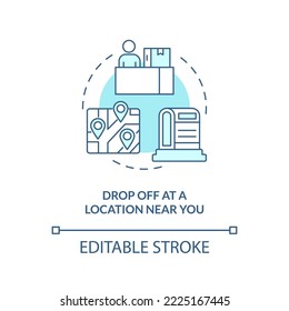 Drop off at location near you turquoise concept icon. Place to receive parcel abstract idea thin line illustration. Isolated outline drawing. Editable stroke. Arial, Myriad Pro-Bold fonts used