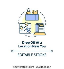 Drop off at location near you concept icon. Place to receive parcel. Postal office abstract idea thin line illustration. Isolated outline drawing. Editable stroke. Arial, Myriad Pro-Bold fonts used