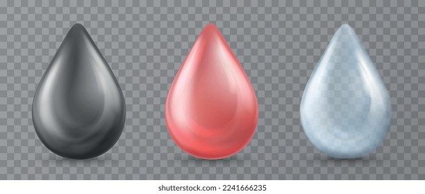 Drop of oil, cream gel for skin care. Liquid vitamin, machine oil, cosmetic product or vitamin bubble. Black,  red, blue drop on transparent background.