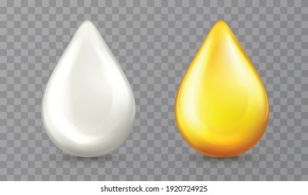 Drop Of Oil, Cream On A Transparent Background. Golden Drop Honey, Liquid Vitamin, Machine Oil, Cosmetic Or Milk Vitamin White Bubble.