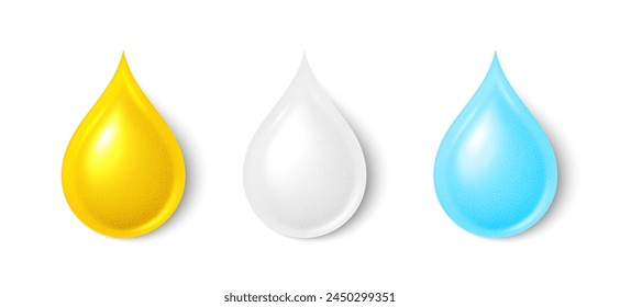 Drop of oil, cream and water. Golden drop honey, liquid vitamin, machine oil, cosmetic or milk vitamin white bubble. Coconut milk drop, water droplet, fish oil. On white background. Vector