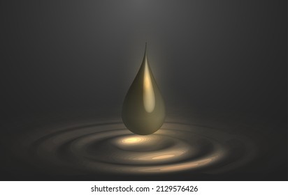 Drop oil drips onto the surface and creates ripples. Golden color liquid, concept of premium beauty product like essence or face care fluid. Lubrication, oil change concept