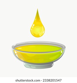 A drop of oil falls into a small bowl. Olive, avocado, sunflower oil, yellow liquid, cartoon style