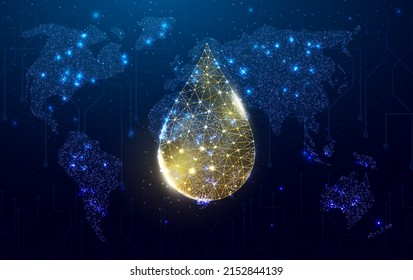 A drop of oil with a map of the globe. The price of oil is falling or growth concept with glowing low poly drop oil. Futuristic modern abstract background. Vector illustration.