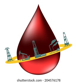Drop of oil and the silhouettes of the oil industry.