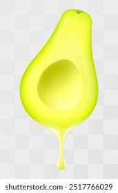 Gota de líquido oleoso fluindo de metade de abacate isolado em um fundo transparente. Abacate verde para uma alimentação saudável. Ilustração realista do vetor 3d.