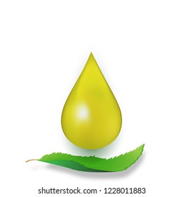 Drop of Olive oil over green leaf isolated on white background as fresh organic and healthy concept. vector illustration