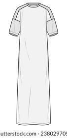 Drop Panel Short Sleeve Long Maxi Dress  Fashion Flat Sketch Vector Illustration, CAD, Technical Drawing, Flat Drawing, Template, Mockup