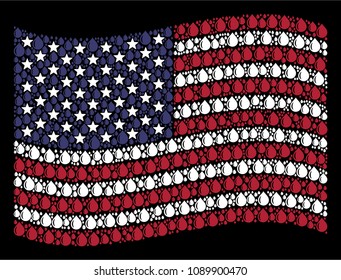 Drop pictograms are composed into waving American flag mosaic on a dark background. Vector concept of America state flag is constructed with drop items.