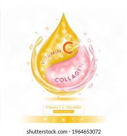 Drop pink Collagen solution Serum and orange vitamin C. On white background. Hyaluronic acid skin care ad. 3D Realistic Vector EPS10.