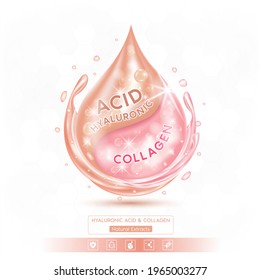 Drop pink collagen solution serum and hyaluronic ACID. Natural extracts. On white background. Hyaluronic acid skin care ad. 3D Realistic Vector EPS10.