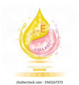 Drop pink Collagen solution Serum and orange vitamin E. On white background. Hyaluronic acid skin care ad. 3D Realistic Vector EPS10.