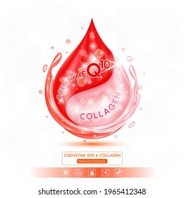 Solución de colágeno de color rosado en suero y coenzima roja Q10. Extractos naturales. Sobre fondo blanco. Anuncio de cuidado de la piel con ácido alurónico. EPS10 de vectores realistas 3D.